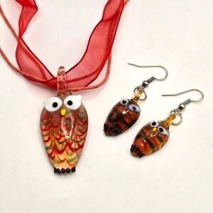 Hand Blown Art Glass Owl Set 17" Ribbon and Cord Necklace Dangle Hook Earrings
